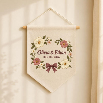 Personalized Anniversary Floral Canvas Pennant Decor, Custom Embroidered Couple Name Date Bow Flower Wreath Wall Hanging Sign