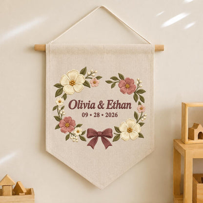 Personalized Anniversary Floral Canvas Pennant Decor, Custom Embroidered Couple Name Date Bow Flower Wreath Wall Hanging Sign