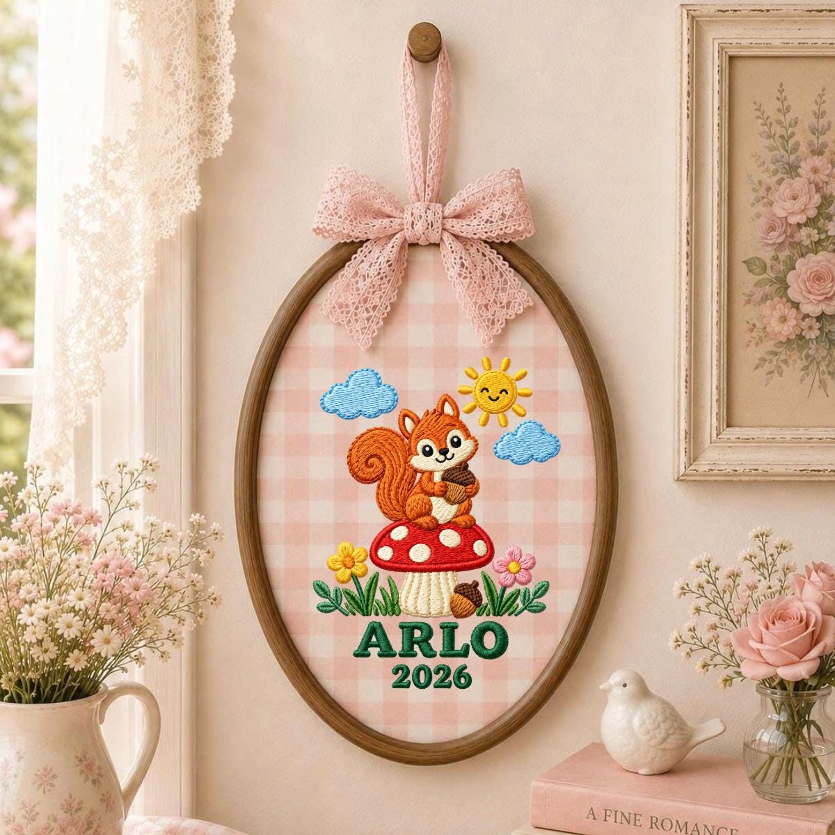Personalized Woodland Animal Canvas Hoop Decor, Custom Embroidered Arlo Name Date Squirrel Mushroom Sign, Baby Keepsake Birthday Gift