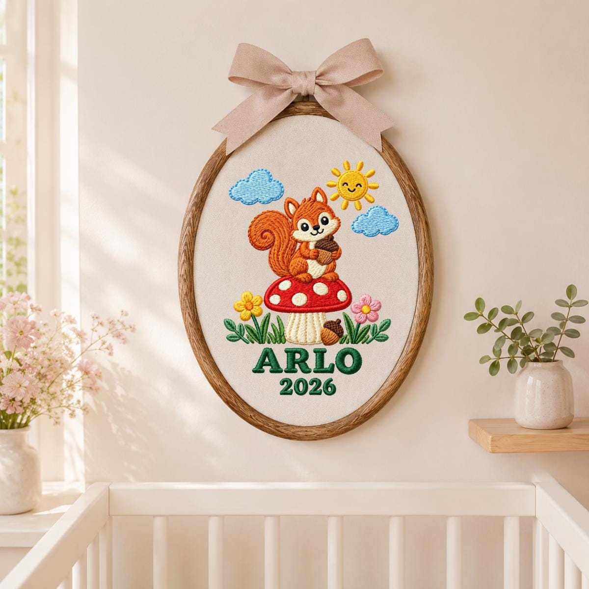 Personalized Woodland Animal Canvas Hoop Decor, Custom Embroidered Arlo Name Date Squirrel Mushroom Sign, Baby Keepsake Birthday Gift