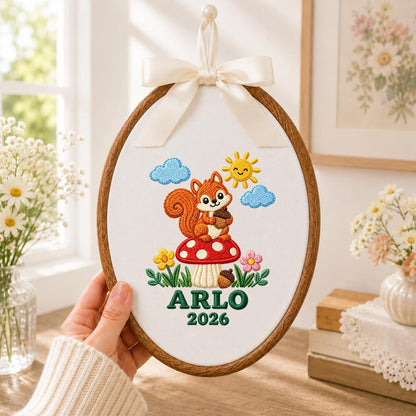 Personalized Woodland Animal Canvas Hoop Decor, Custom Embroidered Arlo Name Date Squirrel Mushroom Sign, Baby Keepsake Birthday Gift