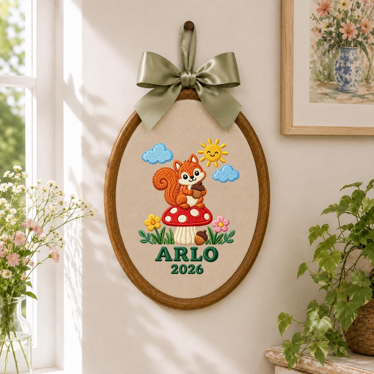 Personalized Woodland Animal Canvas Hoop Decor, Custom Embroidered Arlo Name Date Squirrel Mushroom Sign, Baby Keepsake Birthday Gift