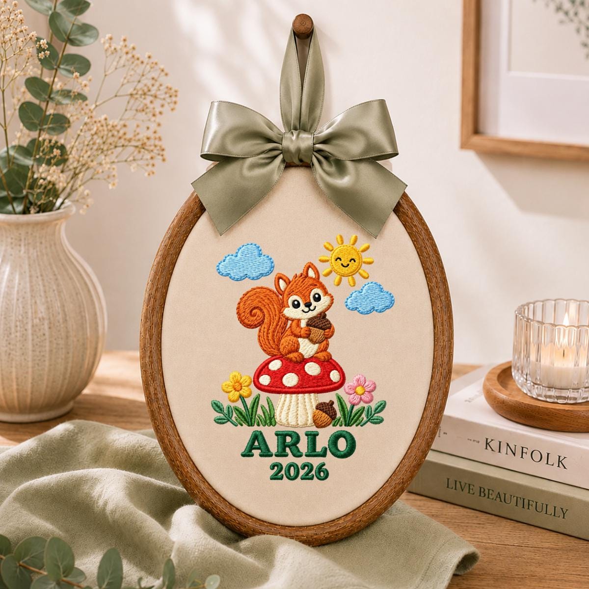 Personalized Woodland Animal Canvas Hoop Decor, Custom Embroidered Arlo Name Date Squirrel Mushroom Sign, Baby Keepsake Birthday Gift