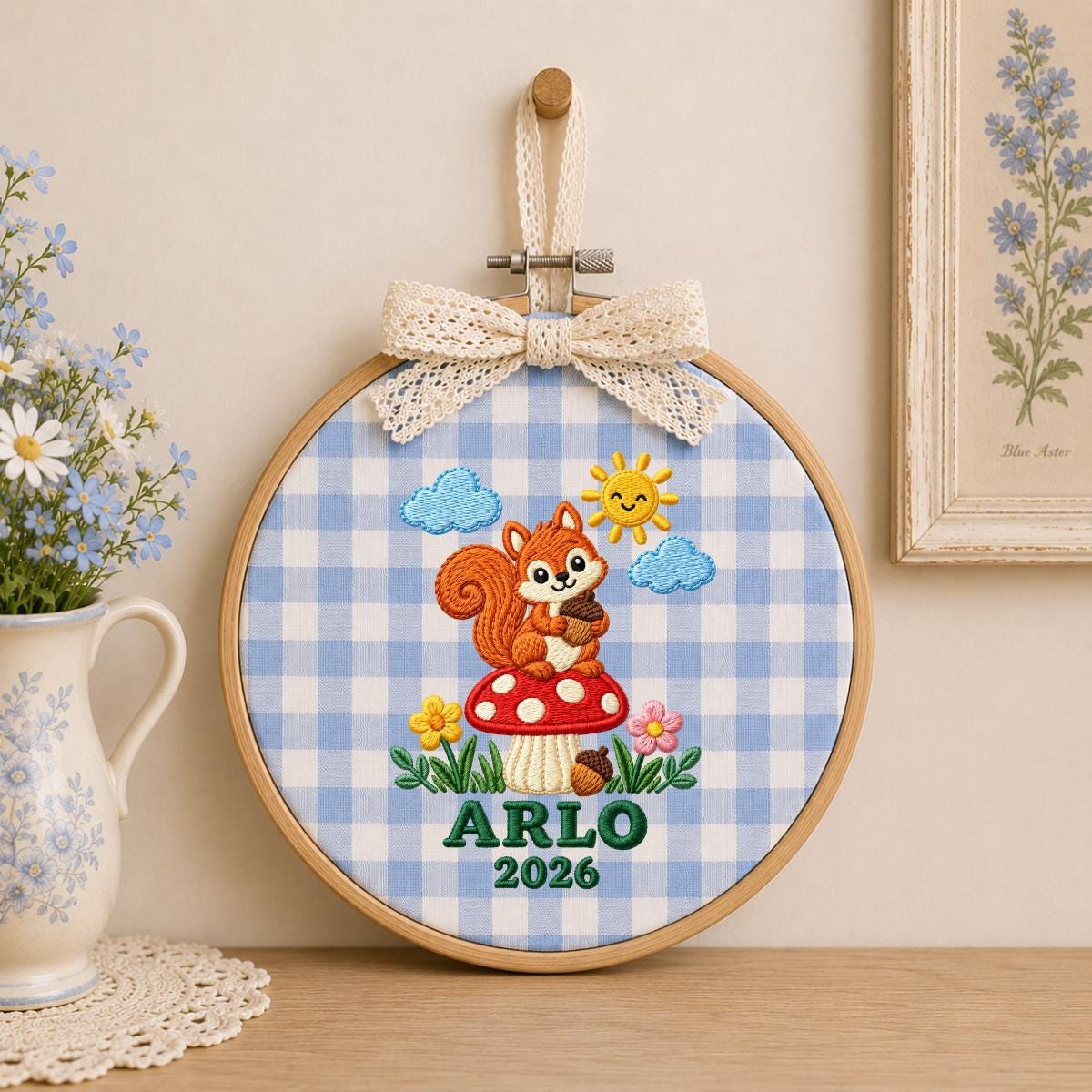 Personalized Woodland Animal Canvas Hoop Decor, Custom Embroidered Arlo Name Date Squirrel Mushroom Sign, Baby Keepsake Birthday Gift