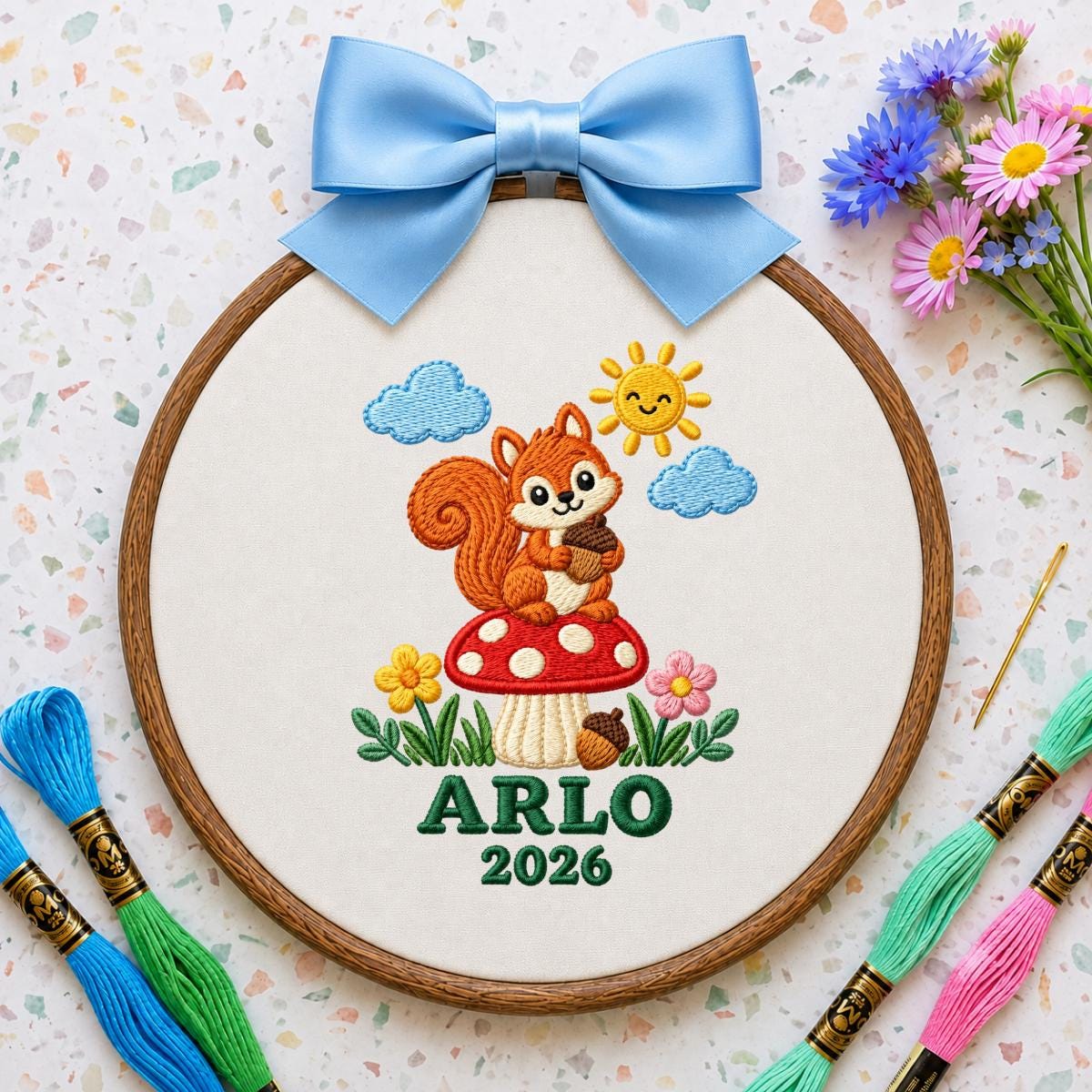 Personalized Woodland Animal Canvas Hoop Decor, Custom Embroidered Arlo Name Date Squirrel Mushroom Sign, Baby Keepsake Birthday Gift