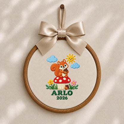 Personalized Woodland Animal Canvas Hoop Decor, Custom Embroidered Arlo Name Date Squirrel Mushroom Sign, Baby Keepsake Birthday Gift