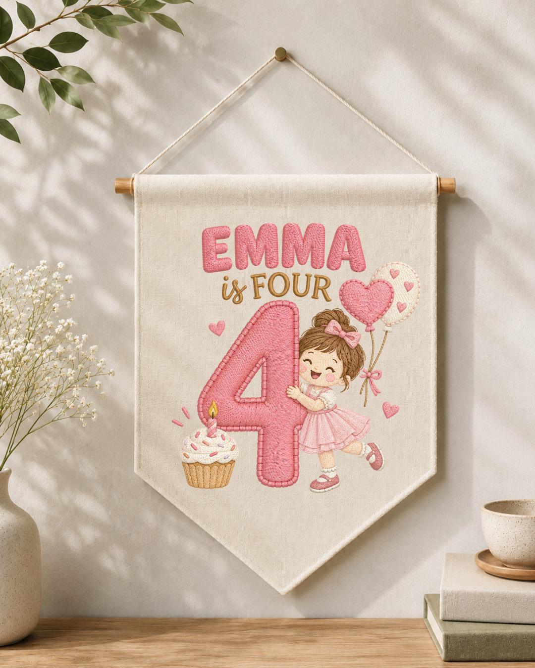 Personalized 4th Birthday Girl Embroidered Banner, Custom Name Birthday Wall Hanging, Number 4 Party Decor, Pink Birthday Gift