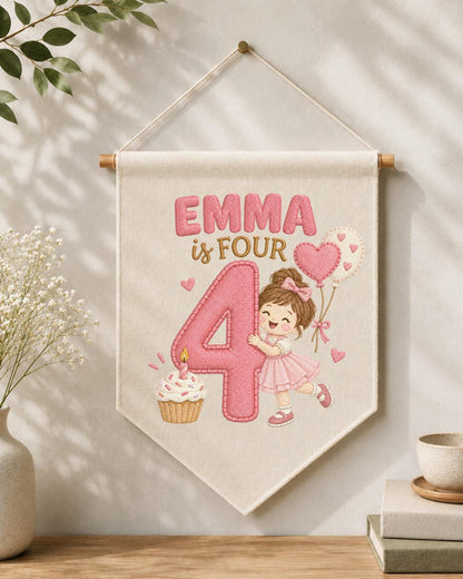 Personalized 4th Birthday Girl Embroidered Banner, Custom Name Birthday Wall Hanging, Number 4 Party Decor, Pink Birthday Gift