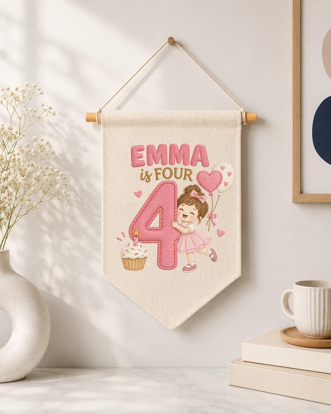 Personalized 4th Birthday Girl Embroidered Banner, Custom Name Birthday Wall Hanging, Number 4 Party Decor, Pink Birthday Gift