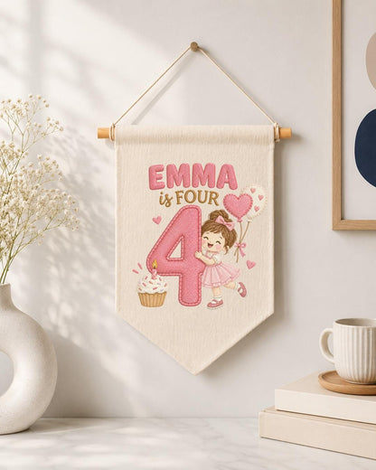 Personalized 4th Birthday Girl Embroidered Banner, Custom Name Birthday Wall Hanging, Number 4 Party Decor, Pink Birthday Gift