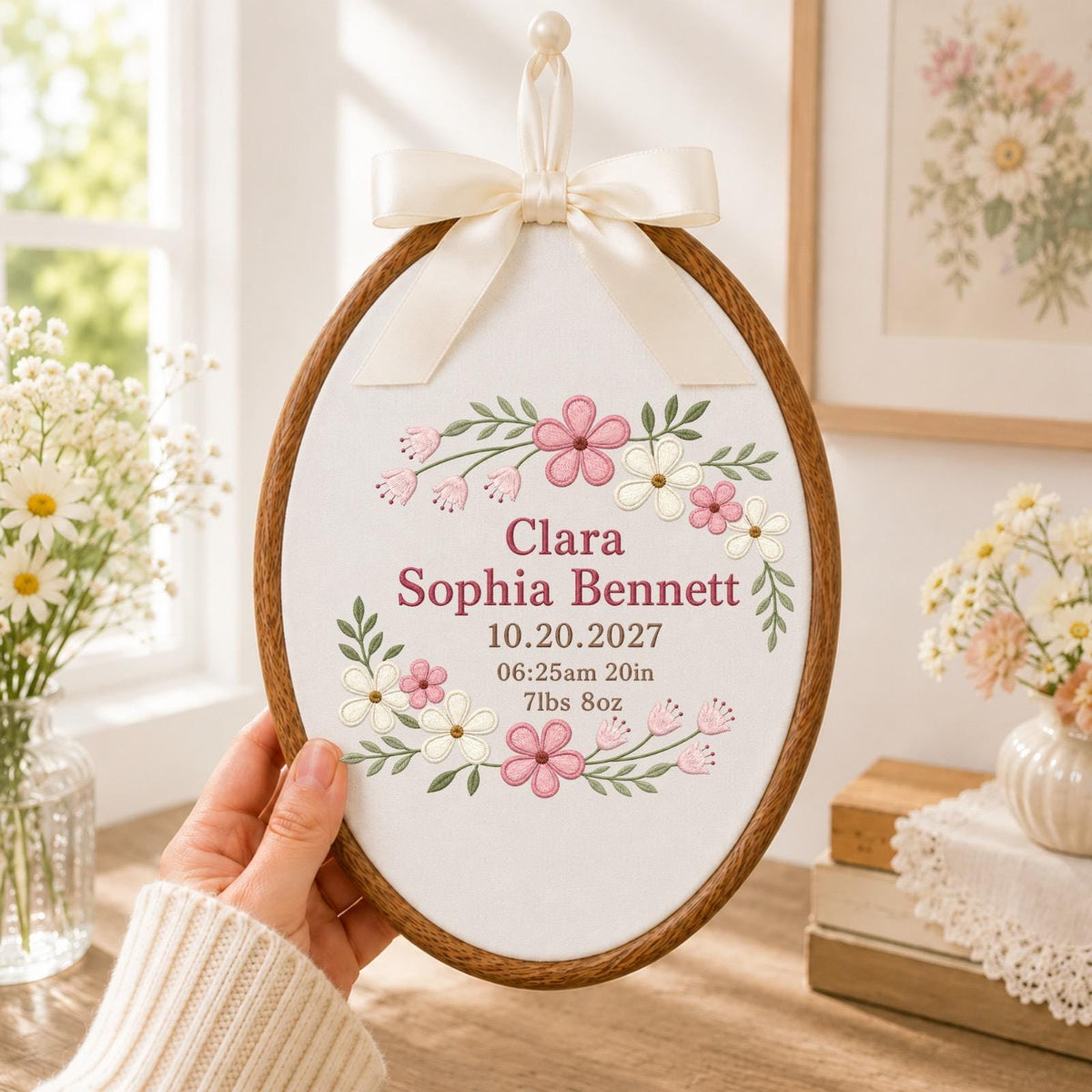 Personalized Baby Birth Embroidered Ornament, Custom Baby Name Birth Stats Keepsake, Floral Newborn Announcement, Baby Girl Nursery Gift