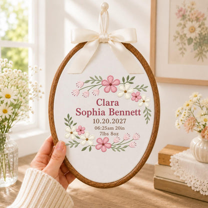 Personalized Baby Birth Embroidered Ornament, Custom Baby Name Birth Stats Keepsake, Floral Newborn Announcement, Baby Girl Nursery Gift