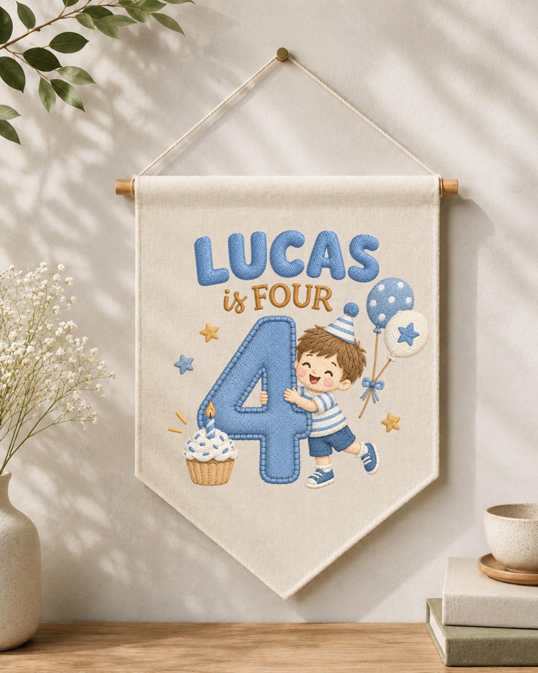 Personalized 4th Birthday Boy Embroidered Banner, Custom Name Birthday Wall Hanging, Number 4 Party Decor, Blue Birthday Gift