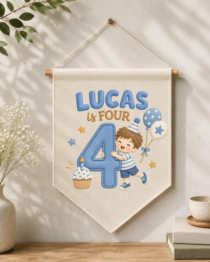 Personalized 4th Birthday Boy Embroidered Banner, Custom Name Birthday Wall Hanging, Number 4 Party Decor, Blue Birthday Gift