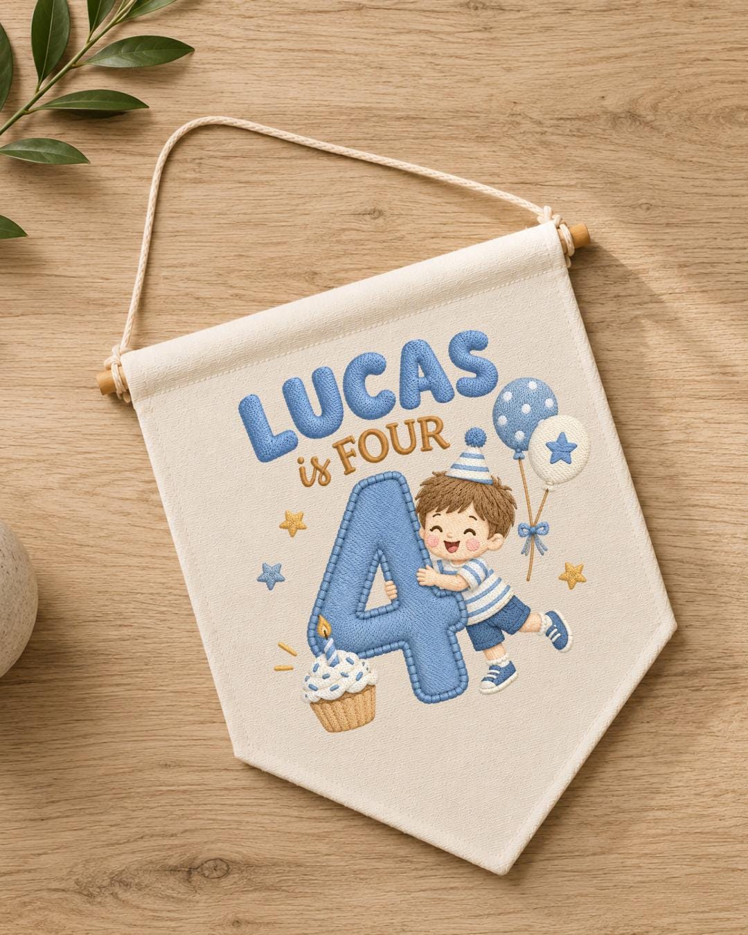Personalized 4th Birthday Boy Embroidered Banner, Custom Name Birthday Wall Hanging, Number 4 Party Decor, Blue Birthday Gift