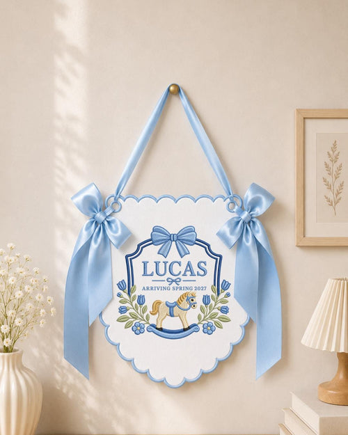 Personalized Embroidered Baby Announcement Banner, Custom Baby Name Sign, Rocking Horse Nursery Decor, Baby Boy Wall Hanging, Newborn Gift
