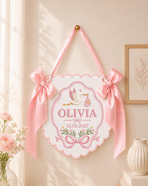 Personalized Embroidered Baby Announcement Banner, Custom Stork Baby Name Sign, Baby Girl Nursery Wall Decor, Newborn Keepsake Gift