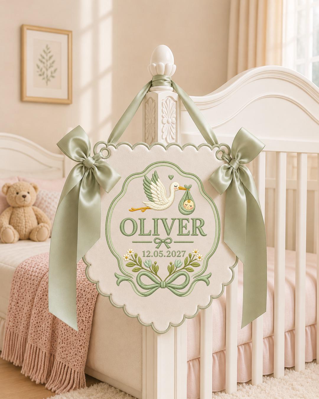 Personalized Embroidered Baby Announcement Banner, Custom Stork Baby Name Sign, Baby Girl Nursery Wall Decor, Newborn Keepsake Gift