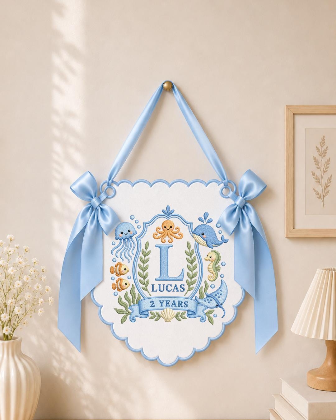 Personalized Embroidered Birthday Banner, Under the Sea Baby Name Sign, Ocean Nursery Wall Decor, 2nd Birthday Gift, Sea Animal Banner