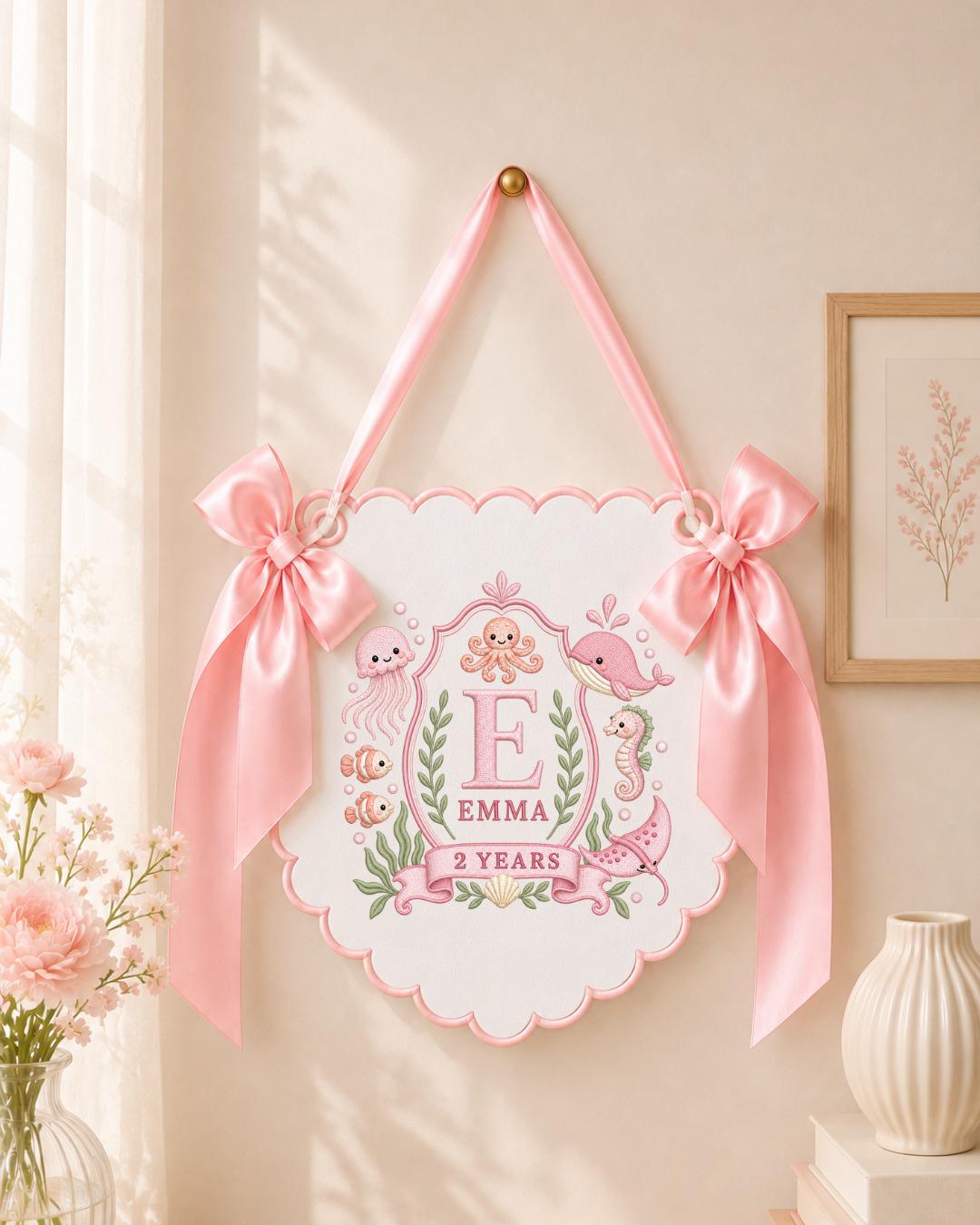 Personalized Embroidered Birthday Banner, Under the Sea Baby Name Sign, Ocean Nursery Wall Decor, 2nd Birthday Gift, Sea Animal Banner