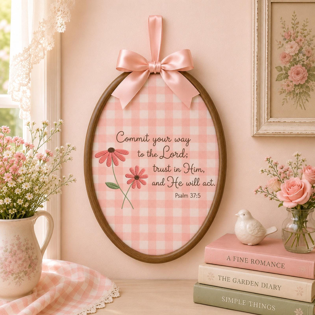 Personalized Bible Verse Embroidered Ornament, Psalm 37:5 Christian Faith Decor, Floral Scripture Keepsake, Religious Gift for Her