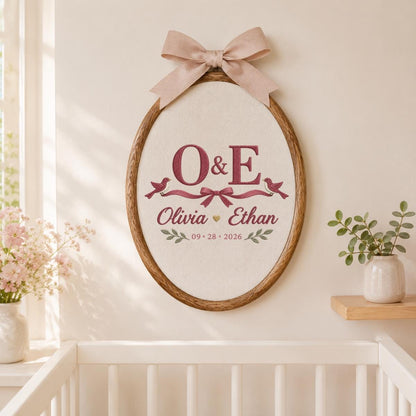 Personalized Wedding Oval Hoop Art, Custom Name Olivia Ethan Embroidered Lovebirds Ribbon Couple Wall Hanging Keepsake Gift