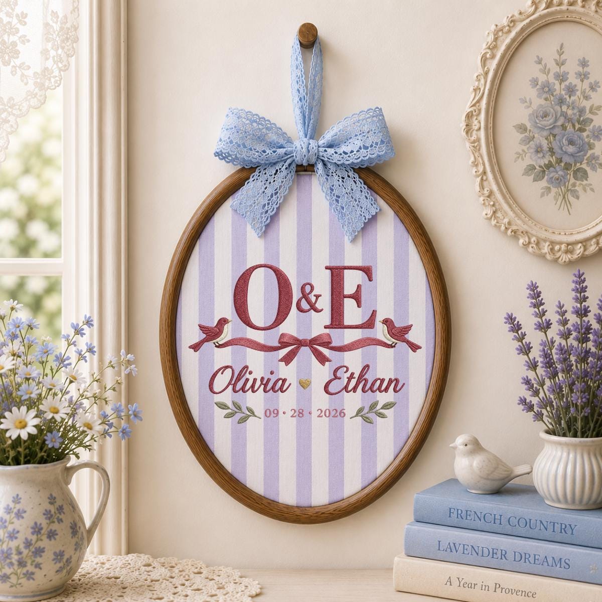 Personalized Wedding Oval Hoop Art, Custom Name Olivia Ethan Embroidered Lovebirds Ribbon Couple Wall Hanging Keepsake Gift