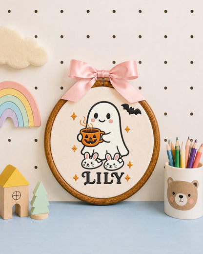 Personalized Halloween Ghost Embroidered Ornament, Custom Kids Name Hoop, Cute Ghost Halloween Decor, Trick or Treat Gift