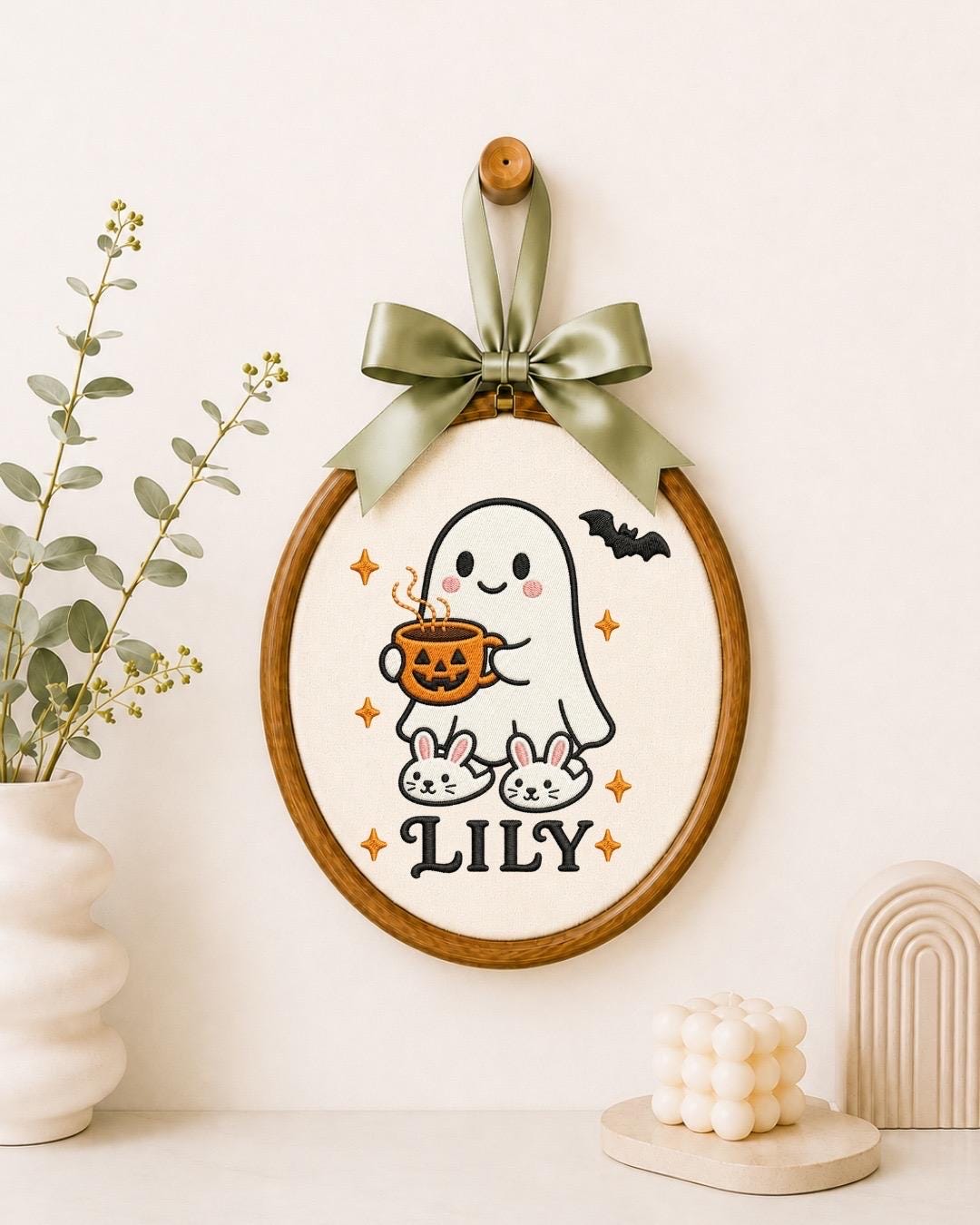 Personalized Halloween Ghost Embroidered Ornament, Custom Kids Name Hoop, Cute Ghost Halloween Decor, Trick or Treat Gift