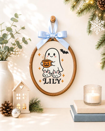 Personalized Halloween Ghost Embroidered Ornament, Custom Kids Name Hoop, Cute Ghost Halloween Decor, Trick or Treat Gift