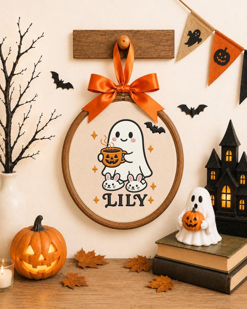 Personalized Halloween Ghost Embroidered Ornament, Custom Kids Name Hoop, Cute Ghost Halloween Decor, Trick or Treat Gift