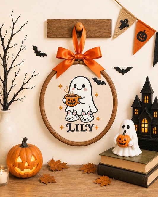 Personalized Halloween Ghost Embroidered Ornament, Custom Kids Name Hoop, Cute Ghost Halloween Decor, Trick or Treat Gift