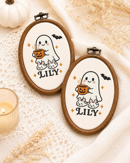 Personalized Halloween Ghost Embroidered Ornament, Custom Kids Name Hoop, Cute Ghost Halloween Decor, Trick or Treat Gift