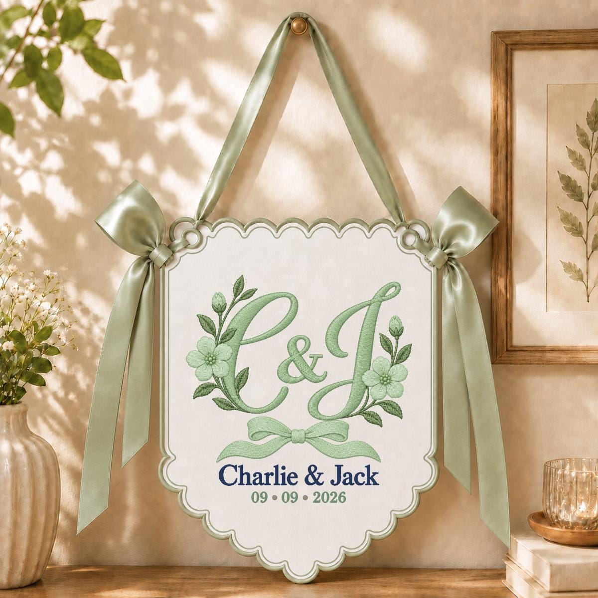 Personalized Monogram Scalloped Banner, Custom Name Charlie Jack Embroidered C&J Blue Bow Floral Wedding Wall Sign Decor