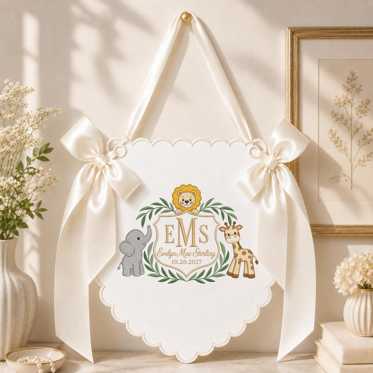 Personalized Safari Baby Monogram Banner, Embroidered Lion Elephant Giraffe Name Sign, Custom Baby Girl Nursery Decor, Newborn Gift