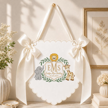 Personalized Safari Baby Monogram Banner, Embroidered Lion Elephant Giraffe Name Sign, Custom Baby Girl Nursery Decor, Newborn Gift