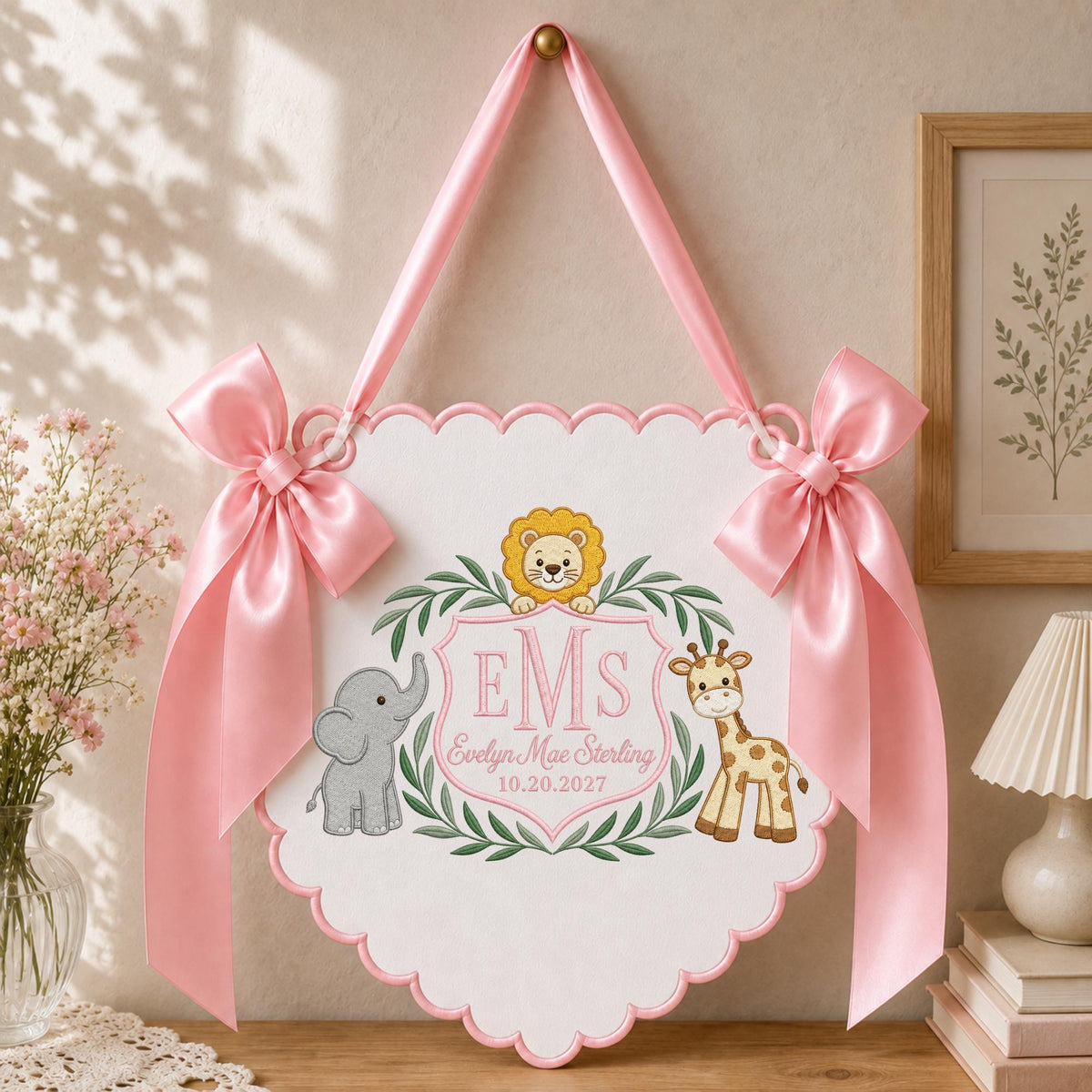 Personalized Safari Baby Monogram Banner, Embroidered Lion Elephant Giraffe Name Sign, Custom Baby Girl Nursery Decor, Newborn Gift