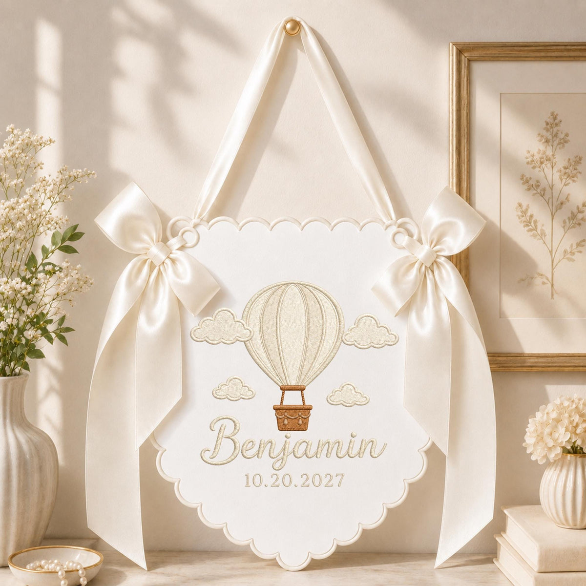 Personalized Hot Air Balloon Baby Name Banner, Embroidered Nursery Name Sign, Custom Birth Announcement, Baby Shower Gift, Nursery Wall