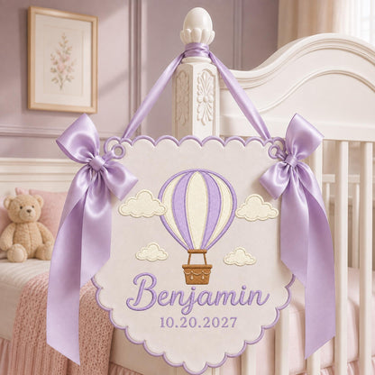 Personalized Hot Air Balloon Baby Name Banner, Embroidered Nursery Name Sign, Custom Birth Announcement, Baby Shower Gift, Nursery Wall