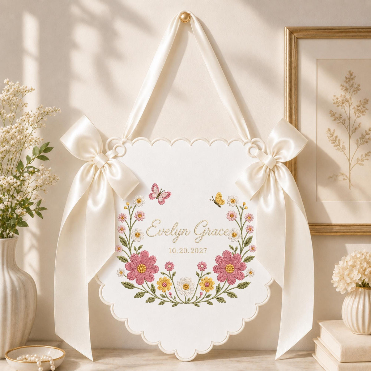 Personalized Wildflower Baby Name Banner, Embroidered Floral Nursery Name Sign, Butterfly Baby Girl Wall , Custom Birth Announcement Gift