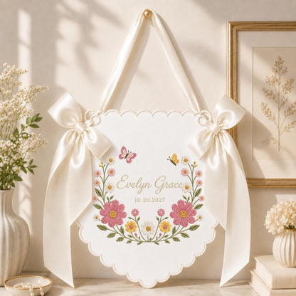 Personalized Wildflower Baby Name Banner, Embroidered Floral Nursery Name Sign, Butterfly Baby Girl Wall , Custom Birth Announcement Gift