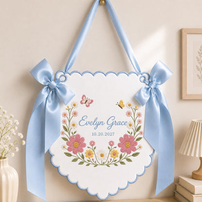 Personalized Wildflower Baby Name Banner, Embroidered Floral Nursery Name Sign, Butterfly Baby Girl Wall , Custom Birth Announcement Gift