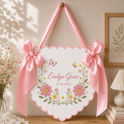 Personalized Wildflower Baby Name Banner, Embroidered Floral Nursery Name Sign, Butterfly Baby Girl Wall , Custom Birth Announcement Gift