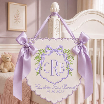 Personalized Baby Monogram Banner, Embroidered Bow Name Sign, Custom Baby Girl Nursery Wall Hanging, Birth Announcement Gift