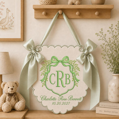 Personalized Baby Monogram Banner, Embroidered Bow Name Sign, Custom Baby Girl Nursery Wall Hanging, Birth Announcement Gift