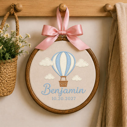 Personalized Hot Air Balloon Embroidered Ornament, Custom Baby Name Nursery Keepsake, Baby Boy Birth Gift, Balloon Nursery Decor