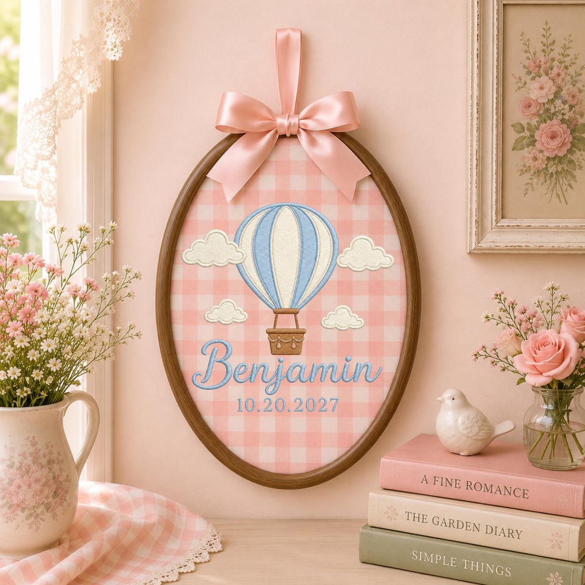 Personalized Hot Air Balloon Embroidered Ornament, Custom Baby Name Nursery Keepsake, Baby Boy Birth Gift, Balloon Nursery Decor