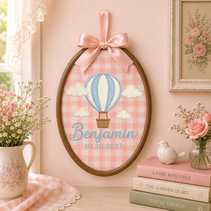 Personalized Hot Air Balloon Embroidered Ornament, Custom Baby Name Nursery Keepsake, Baby Boy Birth Gift, Balloon Nursery Decor