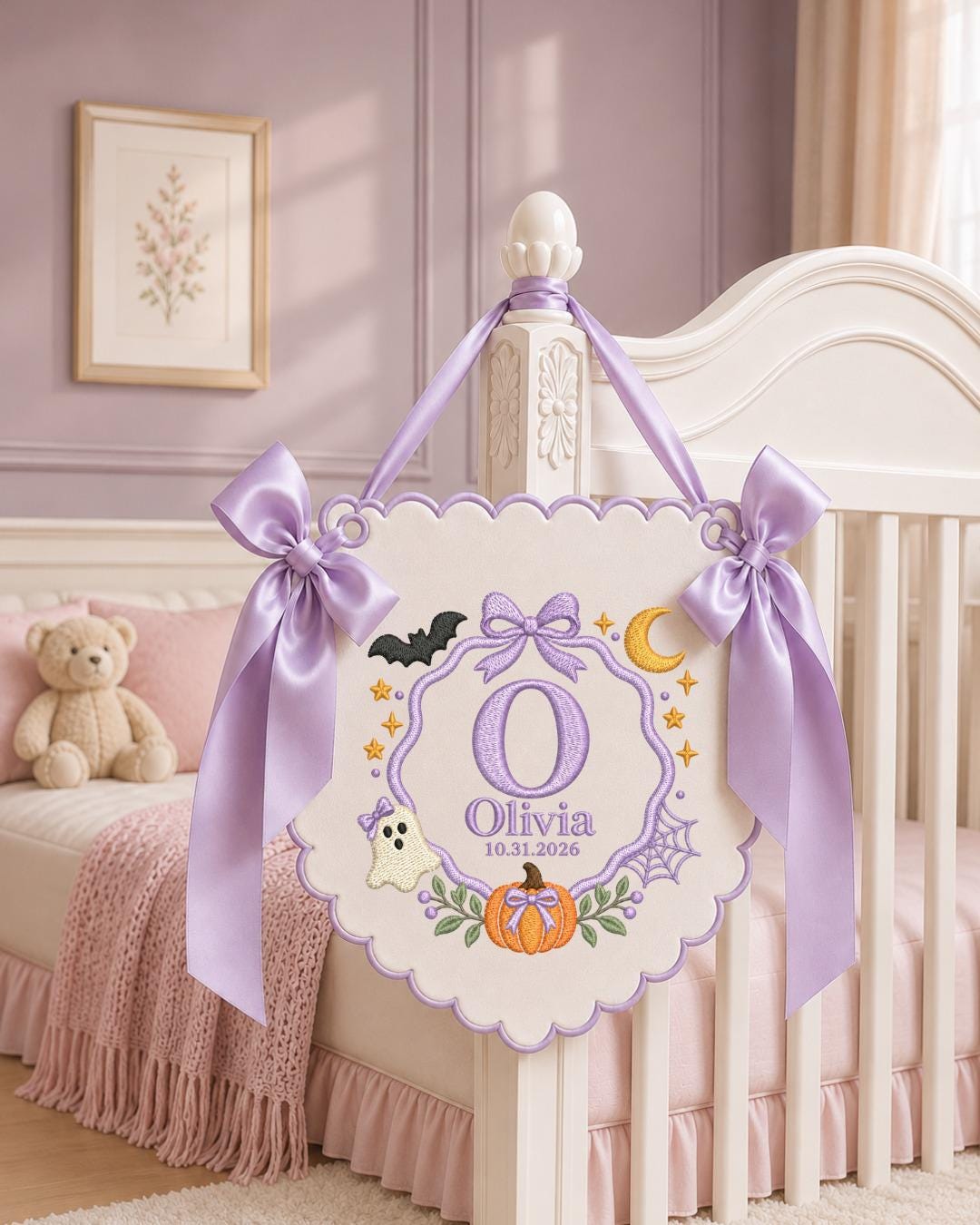 Personalized Embroidered Halloween Baby Name Banner, Custom First Halloween Nursery Sign, Pumpkin Ghost Wall Decor, Baby Halloween Gift