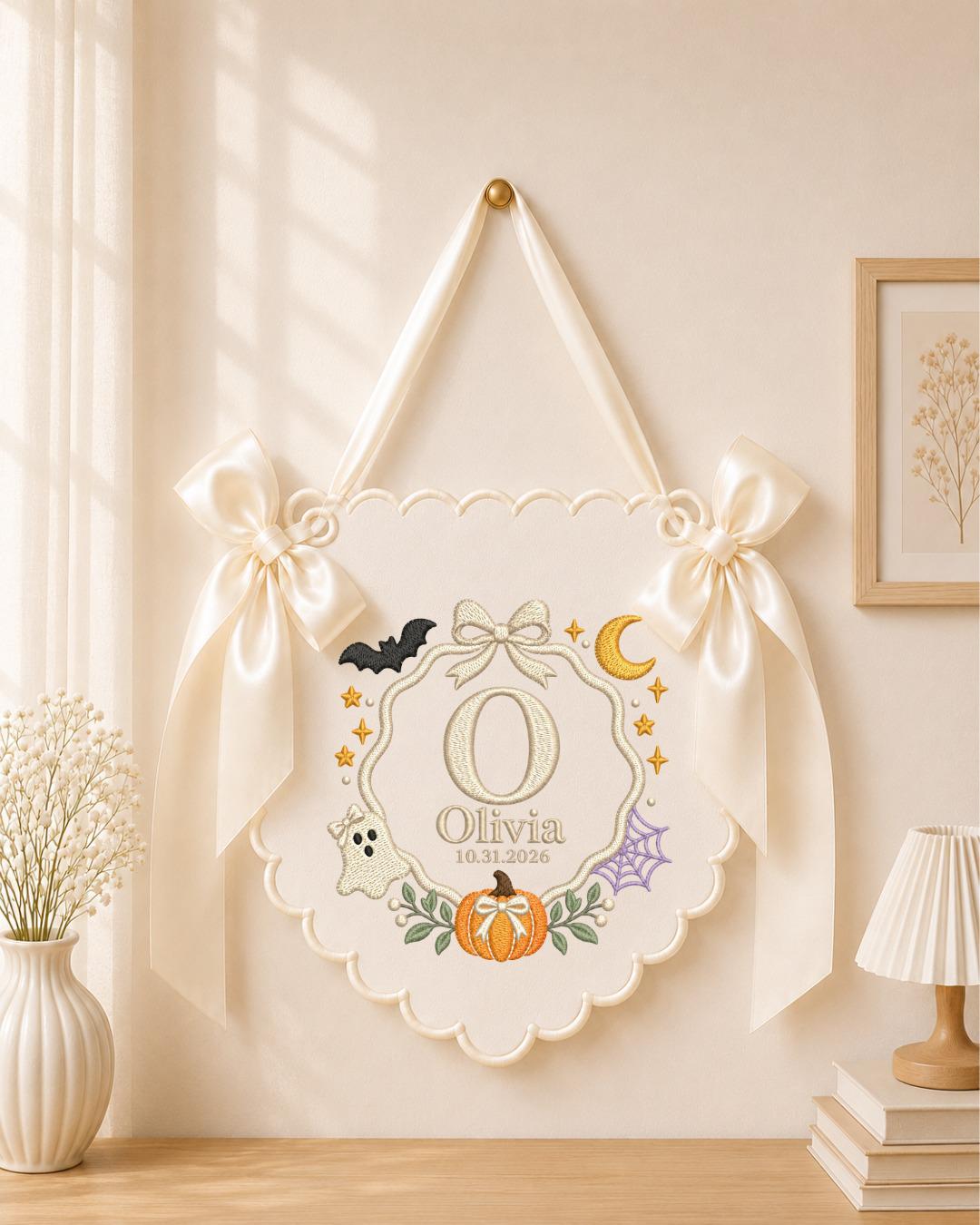 Personalized Embroidered Halloween Baby Name Banner, Custom First Halloween Nursery Sign, Pumpkin Ghost Wall Decor, Baby Halloween Gift
